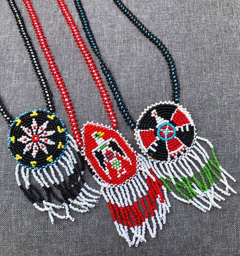 Lot of Three Long Handmade American Indian Leather and Multicolored Seed Bead Necklaces with Fringe