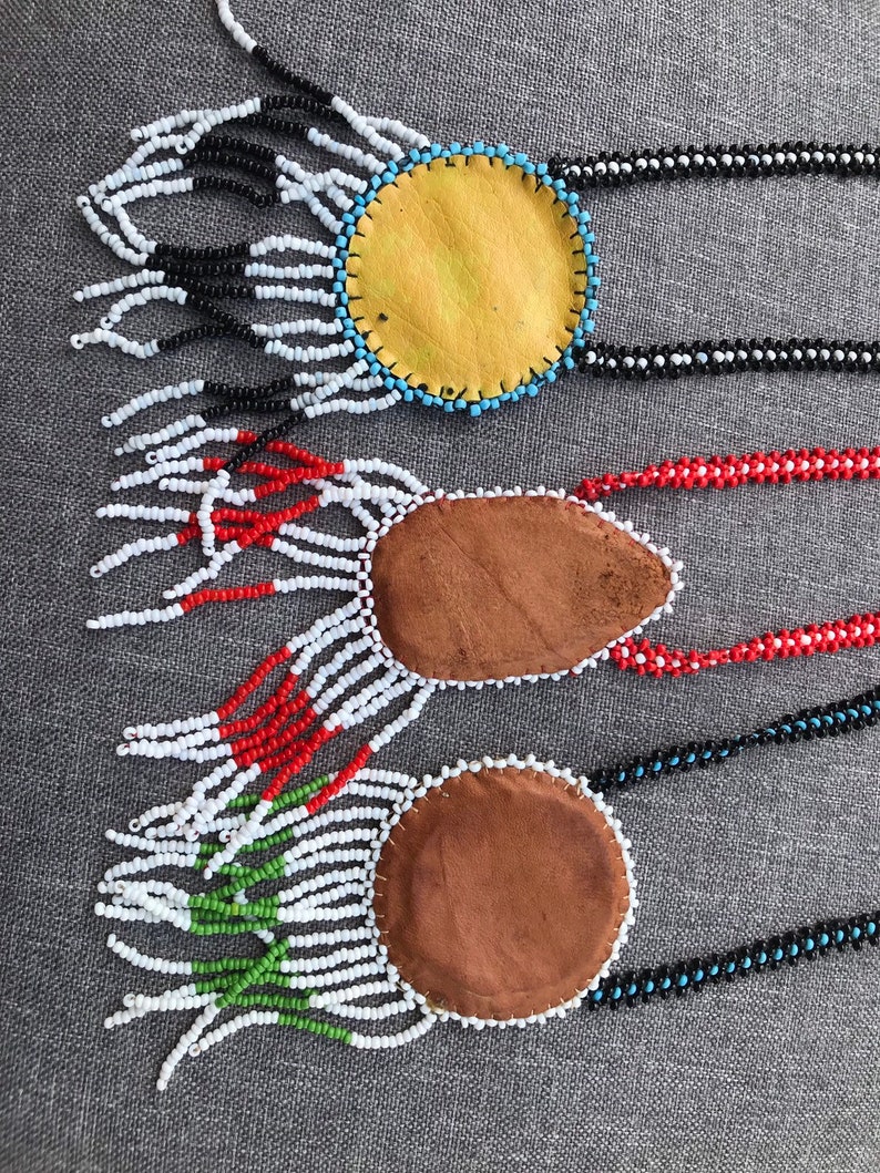 Lot of Three Long Handmade American Indian Leather and Multicolored Seed Bead Necklaces with Fringe