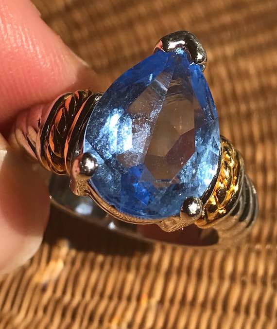 7 3/4 Silver and Gold Baby Blue Stone Ring Marked 