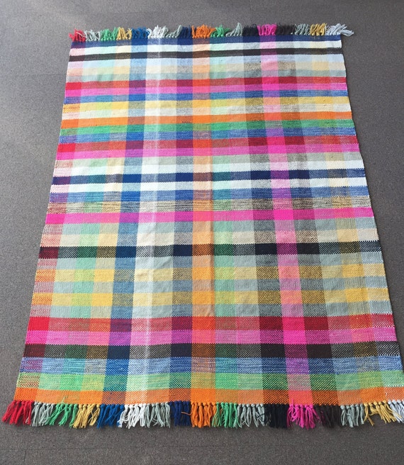 Multicolor Rug, Wool Retro Design Rug, Handwoven Plaid Rug, Flat Weave Rug,  Multicolored Floor Rug, Bohemian Kitchen Rug, Rainbow Rug 5X8 