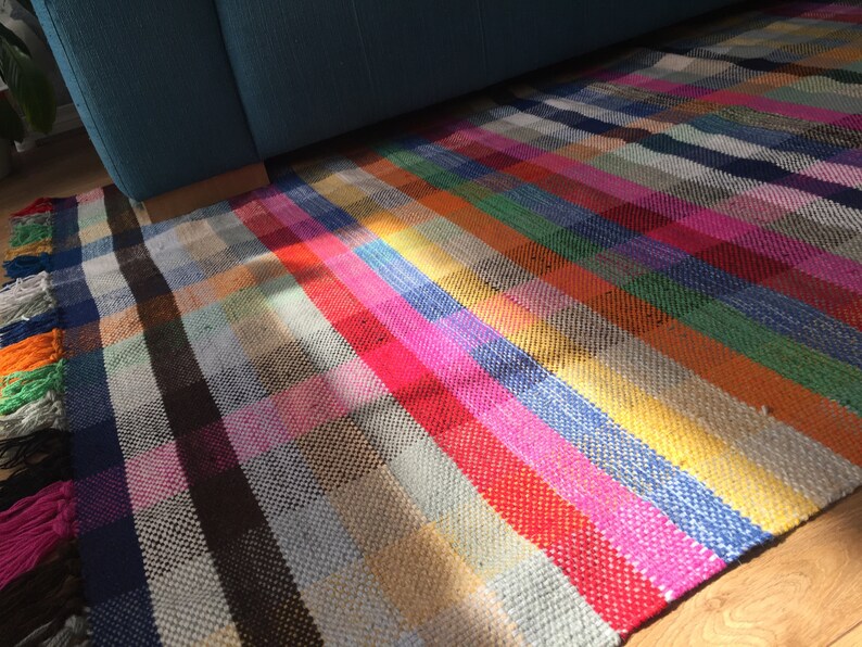 Multicolor Rug Wool Retro Design Rug Handwoven Plaid Rug Etsy
