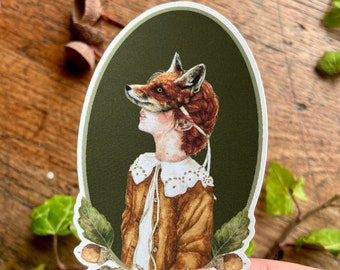 Girl in Fox Mask Oval Matt Vinyl Sticker | Nature Woodland Illustration Art