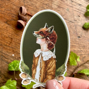 Fille au masque de renard autocollant ovale en vinyle mat | Art illustration nature forêt