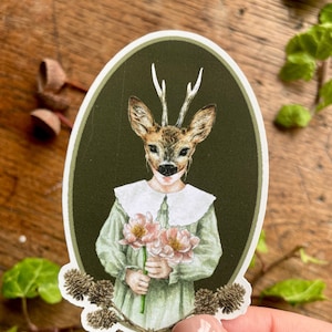 Girl in Deer Mask Sticker ovale en vinyle mat | Art illustration nature forêt