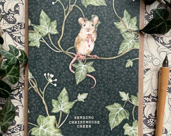 Festive Candycane Mouse Whimsical Watercolour Greetings Card