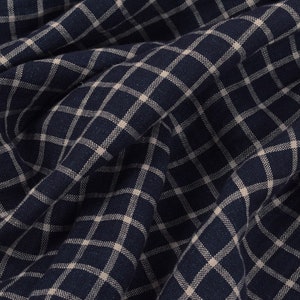 Checked pure linen fabric, navy blue white grid checked linen, 200 GSM, softened washed linen fabric by the yard, linen fabric by the meter