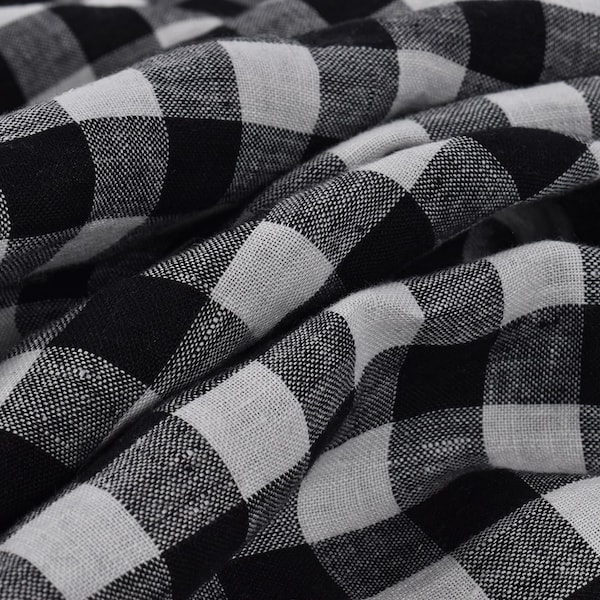 Checked pure linen fabric, black white gingham checked linen, 200 GSM, softened washed linen fabric by the yard, linen fabric by the meter