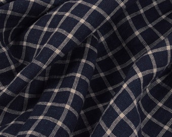 Karierter reiner Leinenstoff, marineblau weiß karierter Leinenstoff, 200 g/m², weicher gewaschener Leinenstoff, Leinenstoff als Meterware