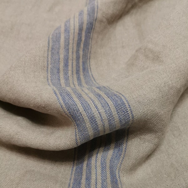 Striped linen fabric by the meter, darker natural linen, softened striped linen fabric, blue stripes, French grain sack, 350 GSM, upholstery