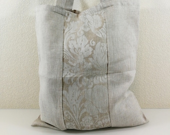 Linen tote bag, shopping bag, floral pattern shopping bag, linen shoulder bag, raw linen tote bag, organic linen bag, linen shopper bag