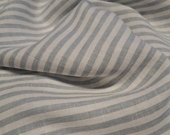 Softened pure linen fabric, blue white striped linen fabric, organic flax linen with bluish stripes, stonewashed linen by the meter, 200 gsm