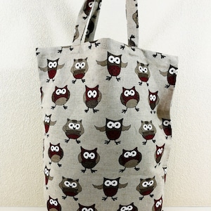 Linen tote bag, linen shopping bag with happy owls, natural linen and cotton shopping bag, linen shoulder bag, organic linen bag, beach bag