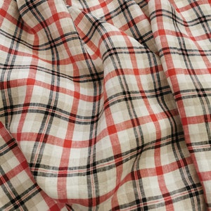 Checked pure linen fabric, white red black plaid tartan linen, 200 GSM, softened washed linen fabric by the yard, linen fabric by the meter