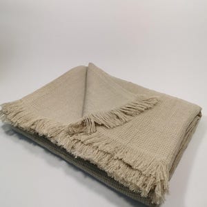 Pure linen blanket, fringed blanket, natural beige linen throw, softened waffle pattern linen throw, raw flax blanket, bedspread, 230GSM
