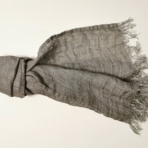 Pure linen scarf, double sided gray white linen shawl, softened unisex linen scarf, linen shawl, fringed linen scarf, medium weight shawl