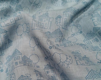Softened pure linen fabric, house pattern on grayish blue background, 130gsm (3.83 oz/yd2). Washed linen fabric by the meter, by the yard