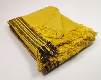 Pure linen blanket, thick fringed linen blanket, yellow brown striped French grain sack blanket, softened linen blanket, bedspread, 350 GSM