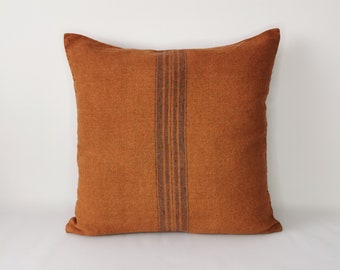 Pure linen cushion cover, Linen pillow cover, rust orange linen pillow case, French grain sack with bluish stripes, zipped pillow case