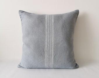 Pure linen cushion cover, Linen pillow cover, powder blue linen pillow case, French grain sack with white stripes, zipped pillow case