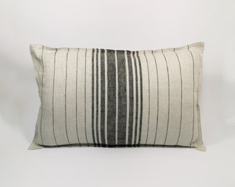 Pure linen cushion cover, beige black striped lumbar pillow cover, natural eco linen pillow, zipped linen pillow case, decorative cushion