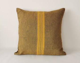 Pure linen cushion cover, Linen pillow cover, yellow blue linen pillow case, French grain sack with yellow stripes, zipped pillow case