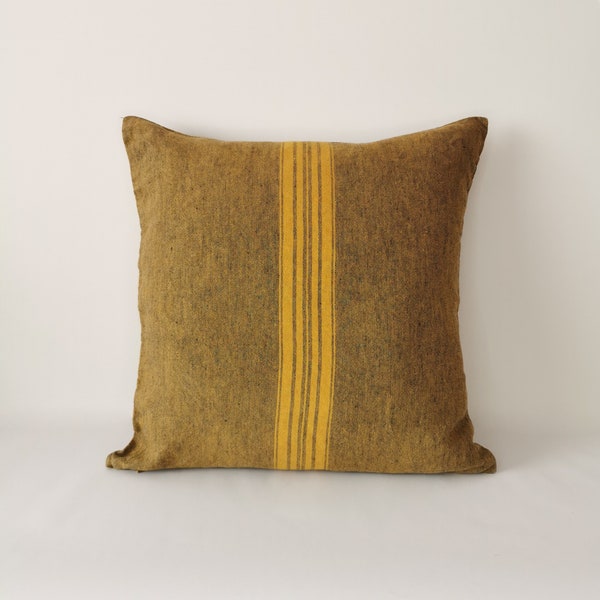 Pure linen cushion cover, Linen pillow cover, yellow blue linen pillow case, French grain sack with yellow stripes, zipped pillow case