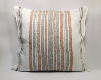 Pure linen cushion cover, white striped linen pillow cover, natural eco linen pillow, zipped linen pillow case, decorative linen cushion