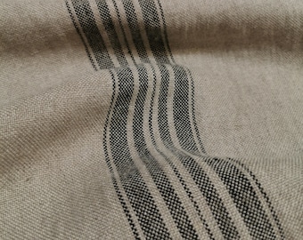 Striped linen fabric by the meter, darker natural linen, softened striped linen fabric, black stripes, french grain sack, 350GSM, upholstery