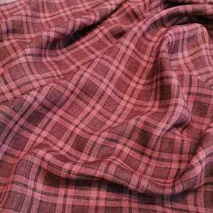 Checked pure linen fabric, plum color plaid tartan linen, 200 GSM, softened washed linen fabric by the yard, linen fabric by the meter