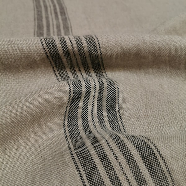 Striped linen fabric by the meter, darker natural linen, softened striped linen fabric, black stripes, french grain sack, 350GSM, upholstery