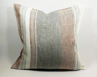 Pure linen cushion cover, white striped linen pillow cover, natural eco linen pillow, zipped linen pillow case, decorative linen cushion