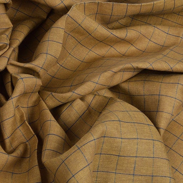 Checked pure linen fabric, mustard blue grid checked linen, 200 GSM, softened washed linen fabric by the yard, linen fabric by the meter