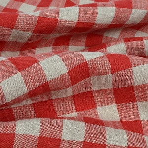 Checked pure linen fabric, red beige gingham checked linen, 200 GSM, softened washed linen fabric by the yard, linen fabric by meter