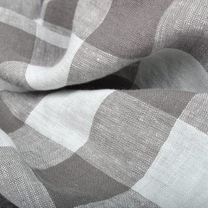 Checked pure linen fabric, brownish gray gingham checked linen, 200 GSM, softened washed linen fabric by the yard, linen fabric by the meter