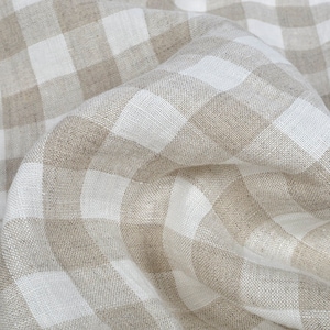 Checked pure linen fabric, white beige gingham checked linen, 200 GSM, softened washed linen fabric by the yard, linen fabric by meter