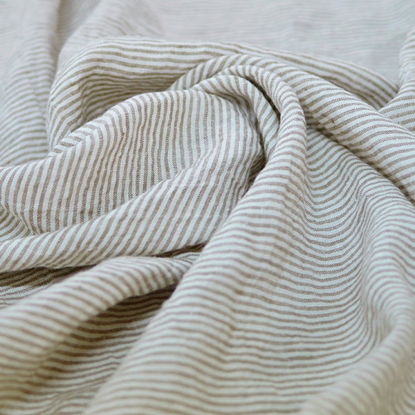Softened pure linen fabric, white beige striped linen fabric, organic pure flax fabric with stripes, stonewashed linen by the meter, 200 gsm