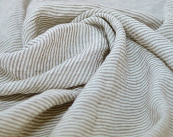 Softened pure linen fabric, white beige striped linen fabric, organic pure flax fabric with stripes, stonewashed linen by the meter, 200 gsm