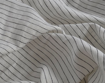 Softened pure linen fabric, black pinstripes linen fabric, organic white linen with pinstripes, stonewashed linen by the meter, 190 gsm