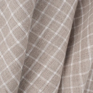 Softened checked pure linen fabric, white grid on beige background, 200gsm (5.90 oz/yd2). Washed linen fabric by the meter, by the yard