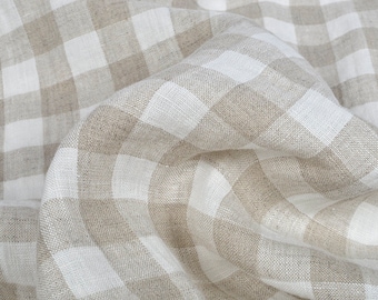 Checked pure linen fabric, white beige gingham checked linen, 200 GSM, softened washed linen fabric by the yard, linen fabric by meter