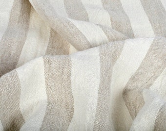 Softened pure linen fabric, white beige striped linen fabric, organic pure flax fabric, rustic vintage striped linen by the meter, 290 GSM