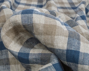 Checked pure linen fabric, blue brown beige gingham checked linen, 200 GSM, softened washed linen fabric by the yard, linen fabric by meter