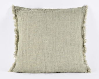 Pure linen pillow case, Linen pillow cover, moss green denim cushion cover, fringed linen pillow case, linen cushion cover, zipped pillow