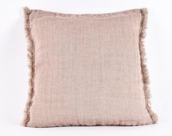 Pure linen pillow case, Linen pillow cover, dusty rose denim cushion cover, fringed linen pillow case, linen cushion cover, zipped pillow