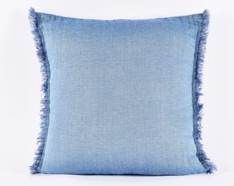 Pure linen pillow case, Linen pillow cover, denim blue cushion cover, fringed linen pillow case, linen cushion cover, zipped pillow cover