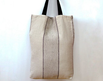 Large linen tote bag, pure linen shopping bag, grain sack tote bag with black stripes, linen shoulder bag, organic linen handbag, beach bag