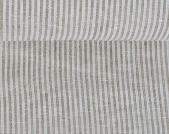 Weicher reiner Leinenstoff, weiß beige gestreifter Leinenstoff, reiner Bio-Flachs mit Streifen, stonewashed Leinen am laufenden Meter, 130 g/m²
