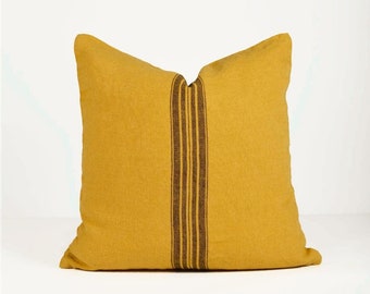 Linen cushion cover, Linen pillow cover, French grain sack with brown stripes, golden yellow linen pillow case, zipped linen pillow case