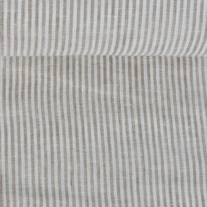 Softened pure linen fabric, white beige striped linen fabric, organic pure flax fabric with stripes, stonewashed linen by the meter, 130 gsm