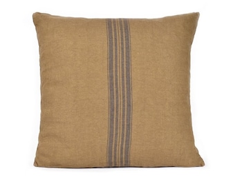 Funda de cojín de lino, Funda de almohada de lino, Saco de grano francés con rayas azules, Funda de almohada de lino marrón mostaza, Funda de almohada de lino con cremallera